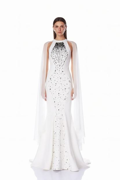 Bone Halter Neck Cape Evening Dress